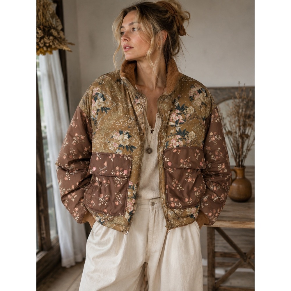 American Eagle Floral Paisley Reversible Puffer Teddy Fleece Jacket Brown XS